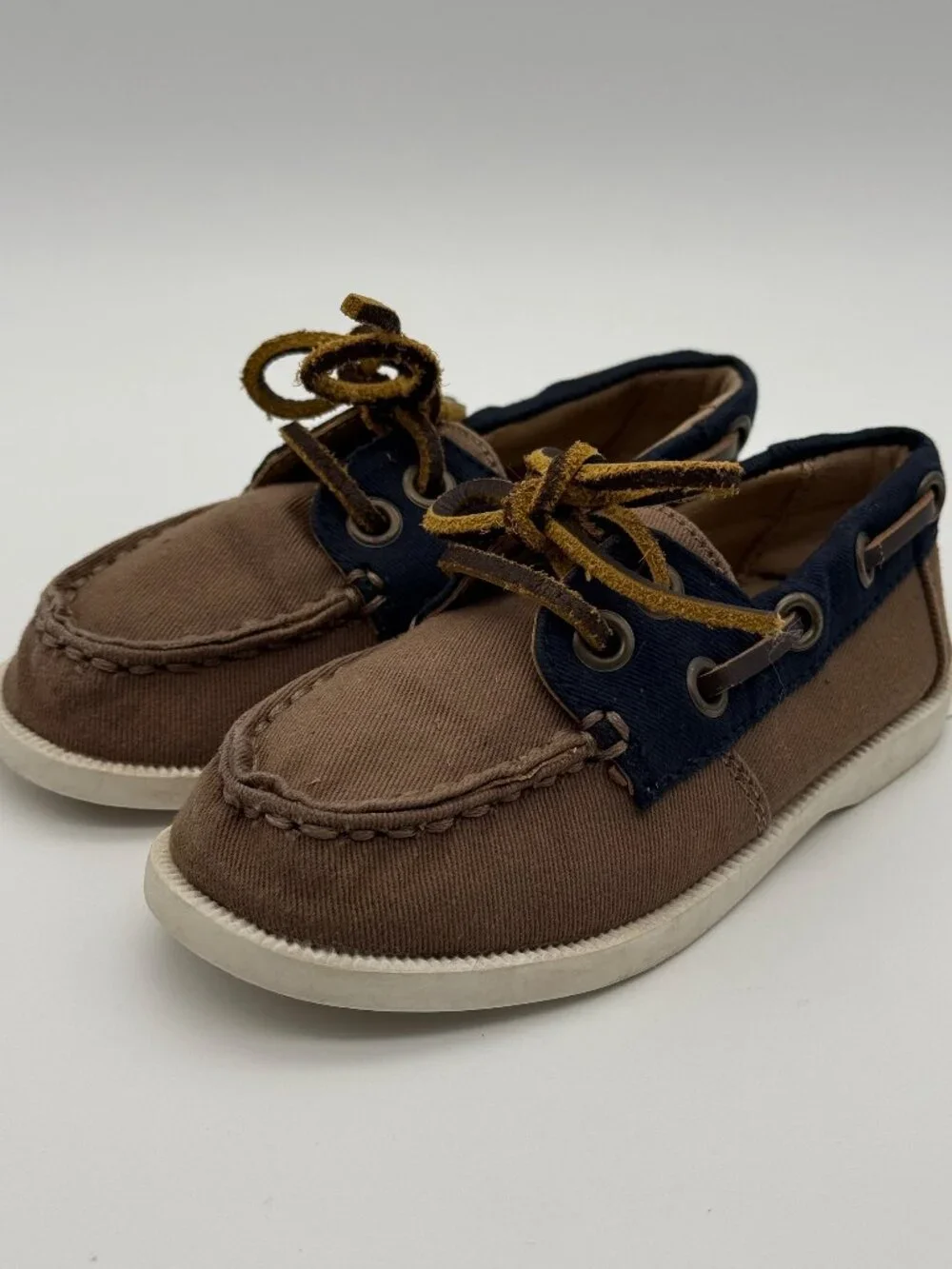 Janie and Jack Brown Canvas & Navy Boat Shoes Size 8